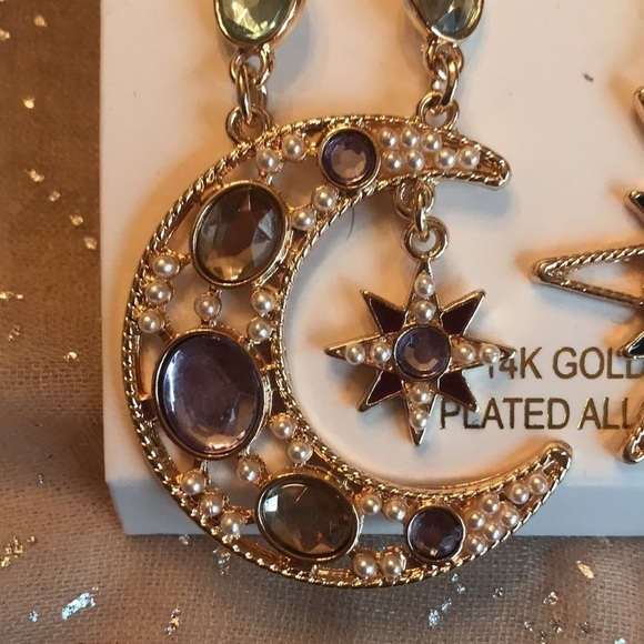 Brand New 14K Gold Plated Alloy Sun & Star Dangly Drop Earrings - Picture 4 of 9